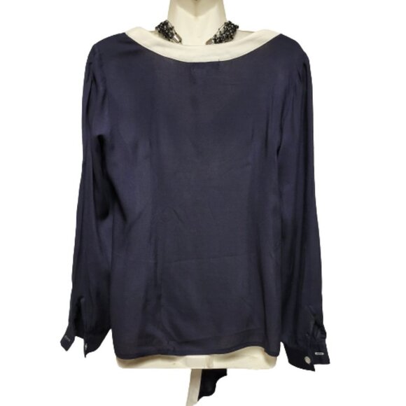 𝅺dark Blue Long Sleeve Cotton Blouse Top with White Trim Various Size S - Picture 5 of 8